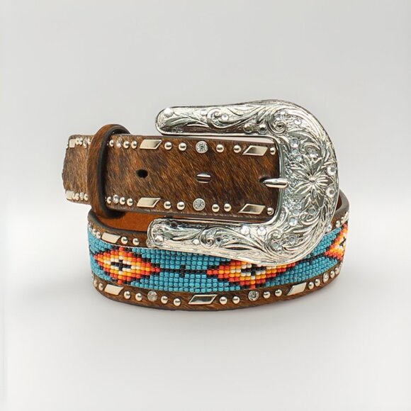 Ariat Southwest Beaded Hair-On Belt Sz S Aztec Colorful Statement Cowboy Retro - Picture 1 of 7